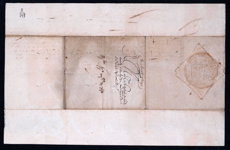 Lettres à cachet du prince de Parme accréditant le comte de Mansfeld comme gouverneur intérimaire des Pays-Bas pendant le séjour du prince aux armées (5 août 1590).