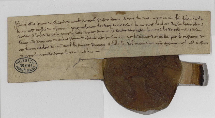 Commission donnée par le comte de Flandre au bailli de Thourout, pour recevoir les actes relatifs à la vente d'une dîme à Gits au Chapitre Saint-Pierre par Lambert d'Ougerlande.