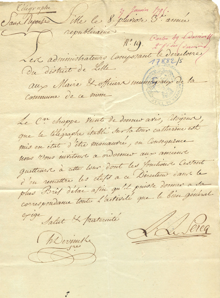 Lettre adressée par les administrateurs du Directoire du district de Lille aux officiers municipaux de Lille le 27 janvier 1795 – Archives municipales de Lille – 17 882