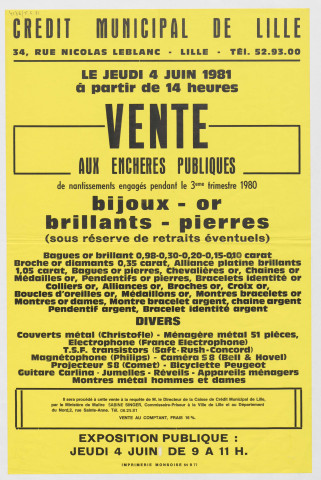 Caisse de crédit municipal de Lille. Vente aux enchères publiques de nantissements engagés pendant le 3ème trimestre 1980.