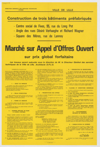 Construction de 3 bâtiments préfabriqués à Fives et à la Croisette. Marchés sur appel d'offres ouvert.