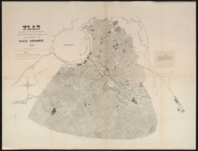 Plan de la ville de Lille agrandie présenté par la commission chargée de l'étude du plan d'alignements.