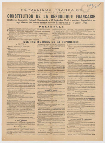 Constitution de la République Française adoptée par l'Assemblée Nationale Constituante le 29 septembre 1946 et soumise à l'approbation du corps électoral des citoyens français par voie de référendum le 13 octobre 1946.