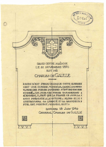 Projet de plaque commémorative pour la maison natale de Charles de Gaulle
