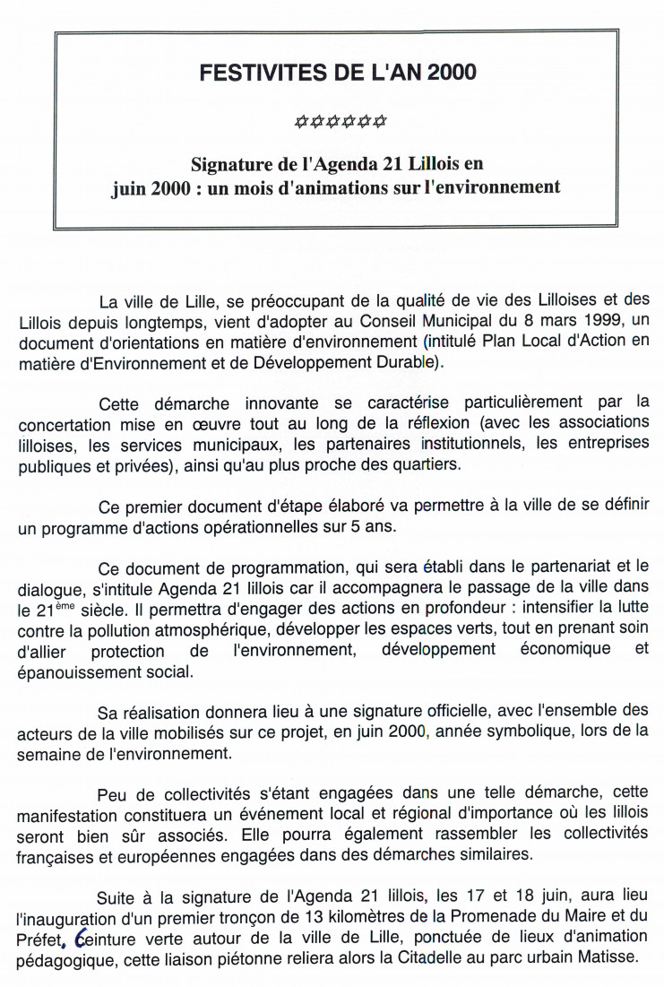 Document de présentation de la signature de l’Agenda 21  Archives municipales de Lille - 337W3