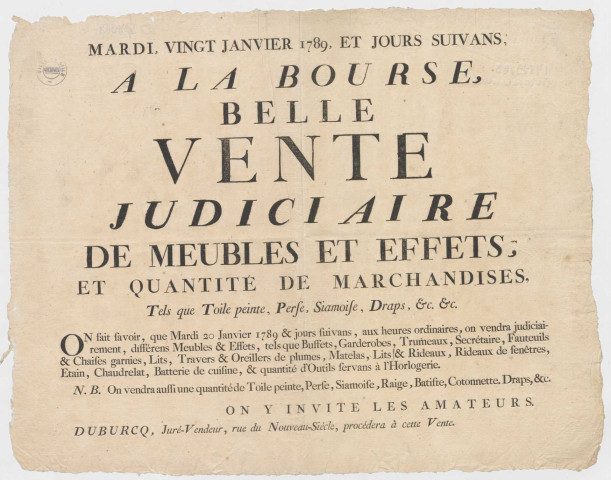 Lille, à la Bourse: vente de meubles et effets
