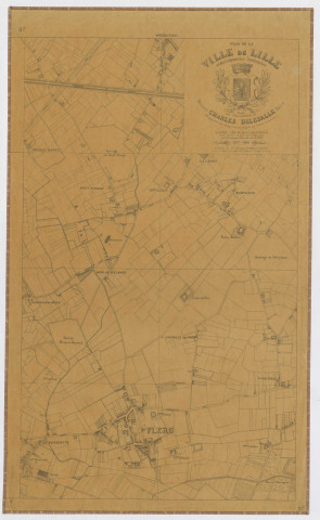 Plan de la ville de Lille et des communes limitrophes sous l'administration de Charles Delesalle d'après les plans cadastraux revue et mis à jour sur le terrain par Lesage, géomètre de la Ville. Numérotation de 1 à 6 avec plans "bis" et plus, 39 pièces.