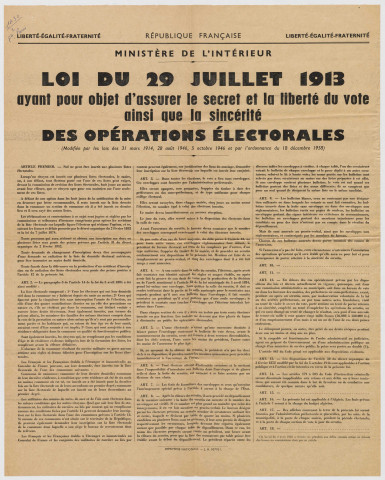 Ministère de l'Intérieur. Loi du 29.7.1913 ayant pour objet d'assurer le secret et la liberté du vote.
