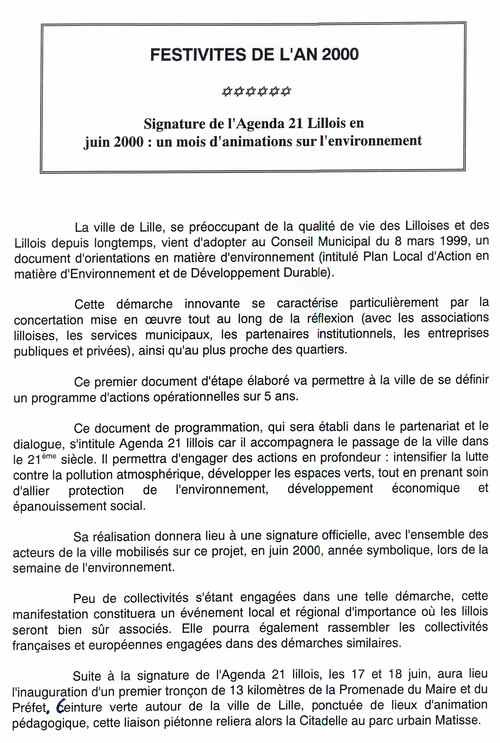 Lettre de Danielle Poliautre à Pierre Mauroy pour proposer  la signature de l’Agenda 21 lors des festivités de l’an 2000 - Archives municipales de Lille - 337W3.