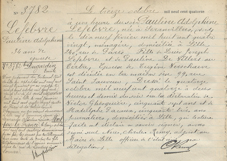 Extraits des registres des décès de 1914 - Archives municipales de Lille - 9E/431