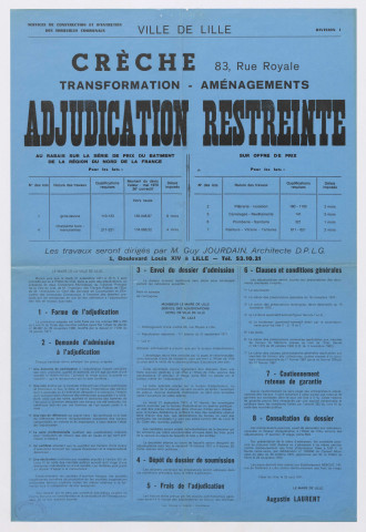 Crèches, 83 rue Royale : transformation, aménagements. Adjudication restreinte.