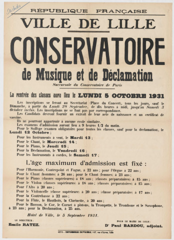 Conservatoire. Rentrée des classes. inscriptions, examens d'admission.