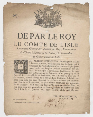 Le comte de Lisle, gouverneur de Lille, au sujet de l'introduction du papier monnaie