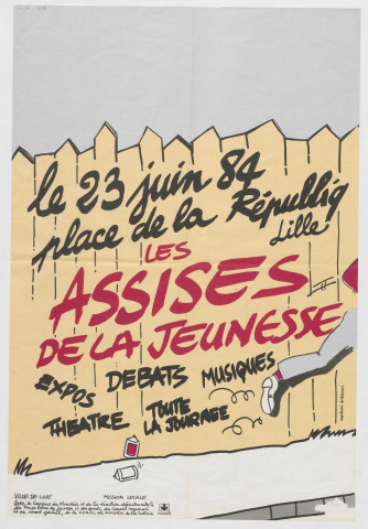 Mission Locale le 23 juin 1984, place de la République, Assises de la Jeunesse avec le concours du Ministère et la Direction Départementale du temps libre, de laJeunesse et Sports, du Conseil Régional et Général, de la DDASS, du Ministère de la Culture.
