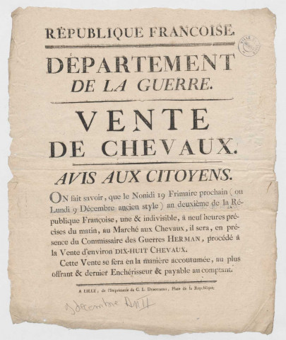 Lille, marché aux chevaux . Vente aux enchères d'environ 18 chevaux