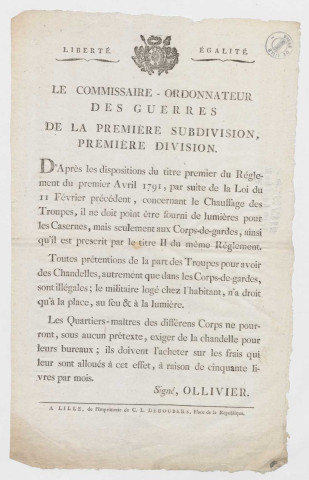 Ordonnance du commissaire-ordonnateur des guerres restreignant l'usage de la chandelle pour les troupes