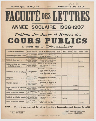 Université de Lille. Faculté des Lettres. Année scolaire 1936-1937. Horaires des cours publics.