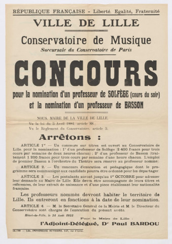 Conservatoire de musique. Concours pour la nomination d'un professeur de solfège et d'un professeur de basson.
