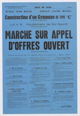 Stade Jean Bouin, avenue Louise Michel. Gymnase (type C). Revêtement de sol sportif : marché sur appel d'offres ouvert.