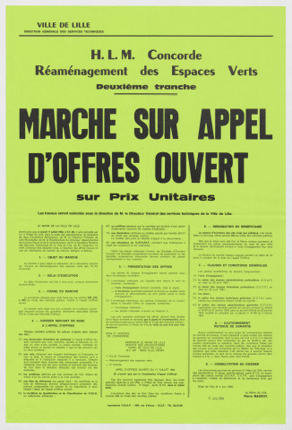 Réaménagement des espaces verts, HLM Concorde. Marché sur appel d'offres ouvert le mardi 17 juillet 1984.