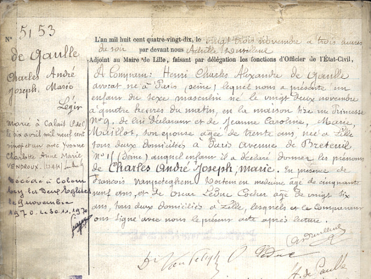 Acte de naissance de Charles, André, Joseph, Marie de Gaulle extrait du registre - Archives municipales de Lille - 7E/386
