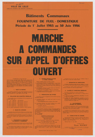 Bâtiments communaux. Fourniture de fuel domestique, période du 1er juillet 1983 au 30 juin 1986. Marchés à commandes sur appel d'offres ouvert.