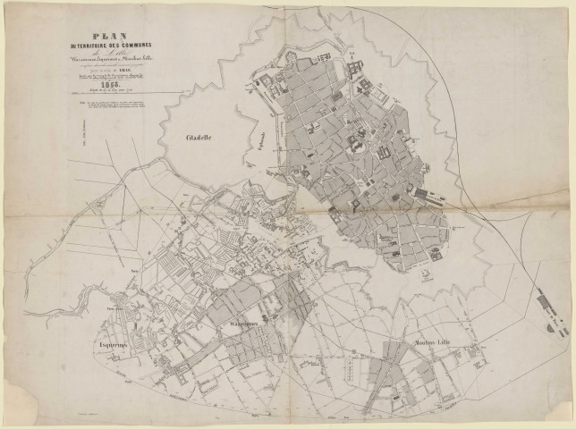 Plan du territoire des communes de Lille, Wazemmes, Esquermes, Moulins-Lille compris dans la nouvelle enceinte projetée pour la ville de Lille, dressé par la commission chargée de l'étude du plan d'alignement de la nouvelle Ville.