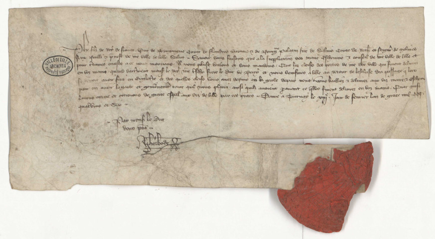 Mandement ducal enjoignant aux bailli et prévôt de Lille de restituer à l'échevinage les clefs de cette ville qui leur avaient été délivrées lors de l'entrée du roi, du duc de Berry et du duc de Bourgogne au retour de L'Ecluse (13 février 1387).