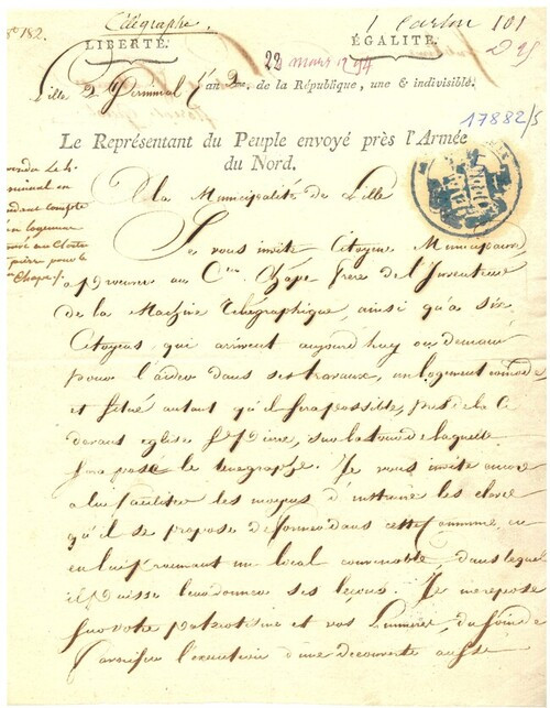 Courrier adressé par le Représentant envoyé près l’Armée du nord aux citoyens municipaux lillois – 22 mars 1794 – Archives municipales de Lille – 17882