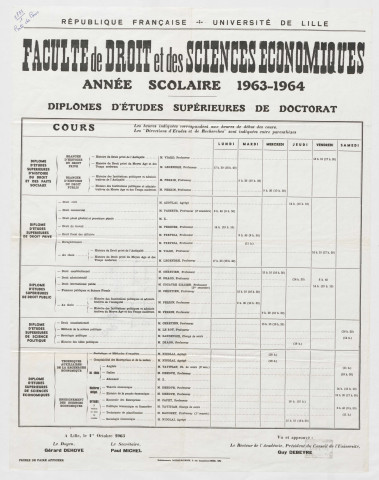 Université de Lille. Faculté de Droit et Sciences Economiques. Année universitaire 1963-1964. Diplome d'études supérieures de doctorat. Horaires des cours et des directions d'études et de recherches.