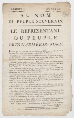 Adresse du représentant du peuple auprès de l'armée du Nord concernant les salaisons de viande de bovin dans le Nord-Pas-de-Calais et leur limitation expresse afin de sauvegarder le cheptel