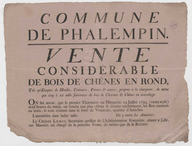 Forêt de Phalempin.Vente de bois de chêne et de charme