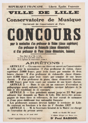 Conservatoire de musique. Concours pour la nomination d'un professeur de violon, professeur de violoncelle et professeur de piano. Arrêté du 25 avril 1927.