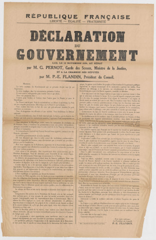 Déclaration du Gouvernement lue le 13 novembre 1934 au Sénat par G. Pernot, garde des sceaux et à la Chambre par P. E. Flandin, président du Conseil.