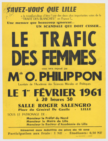 Conférence "Le trafic de femmes" organisée dans la salle Roger Salengro.