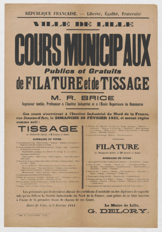 Institut Industrielle du Nord de la France, rue Jeanne d'Arc. Cours municipaux publics et gratuits de filature et de tissage.