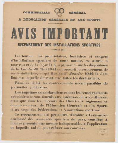 Commissariat général à l'éducation générale et au sport. Recensement des installations sportives.