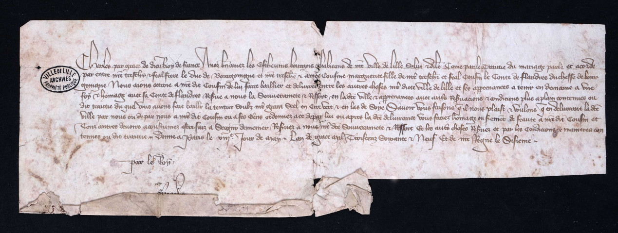 Mandement royal à l'échevinage de Lille lui enjoignant de prêter hommage au comte de Flandre (13 mai 1369).