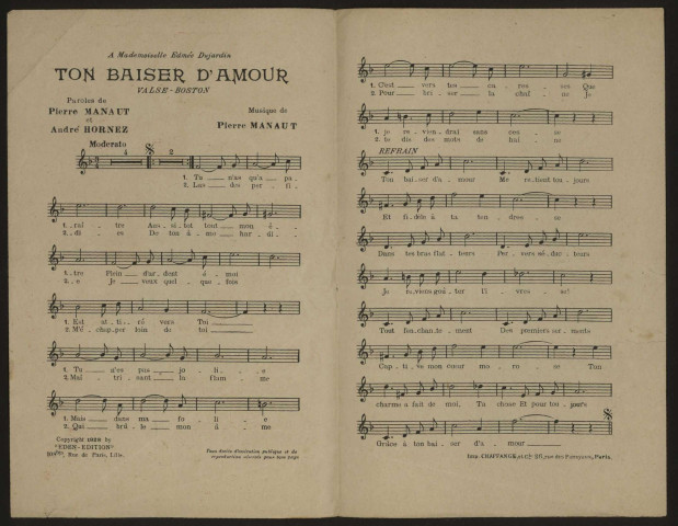 Ton baiser d'amour, paroles et musique Pierre Manaut
