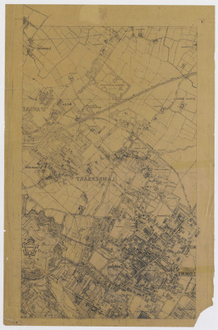 Plan de la ville de Lille et des communes limitrophes sous l'administration de Charles Delesalle d'après les plans cadastraux revue et mis à jour sur le terrain par Lesage, géomètre de la Ville. Numérotation de 1 à 6 avec plans "bis" et plus, 39 pièces.