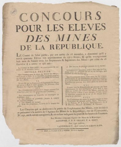 Concours pour les élèves des mines de la République. Arrêté du comité du salut public