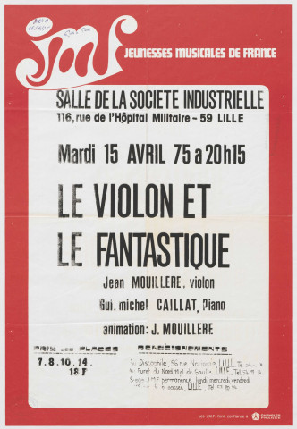 Salle de la société industrielle. Le violon et le fantastique. Concert patronné par les jeunesses musicales de France.