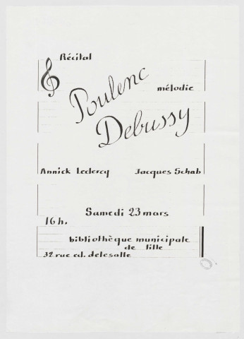 Bibliothèque municipale. Récital Poulenc, Debussy par Annick Leclercq et Jacques Schab.