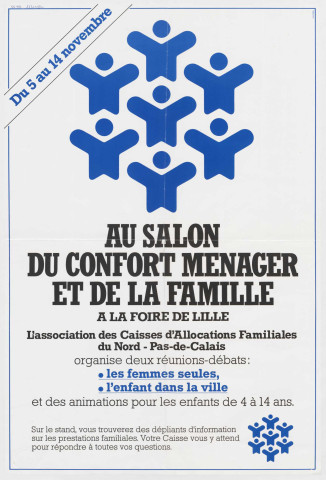 Foire internationale de Lille. Salon du confort ménager et de la famille. Réunions-débats organisées par l'association des caisses d'allocations familiales du Nord -Pas-de-Calais sur les femmes seules et l'enfant dans la ville