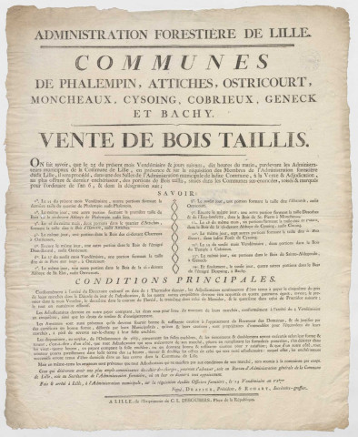 Lille. Adjudication aux enchères de bois taillis situés à Phalempin, Attiches, Ostricourt, Moncheaux, Cysoing, Cobrieux, Genech et Bachy