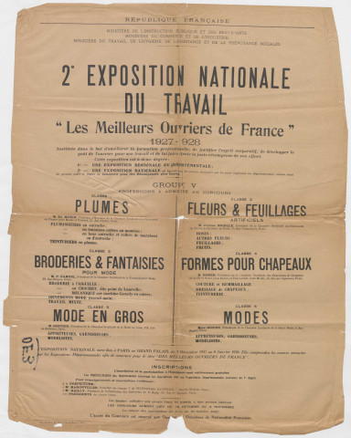 2ème exposition nationale du travail. "Les meilleurs ouvriers de France". Expositions régionales ou départementales et exposition nationale à Paris