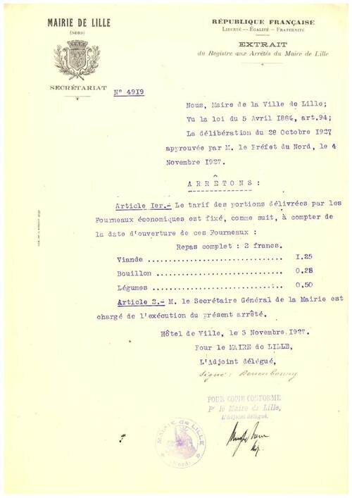 Arrêté municipal fixant les tarifs des repas délivrés par les fourneaux économiques au cours de la saison 1927-1928 - Archives municipales de Lille - AT/3689