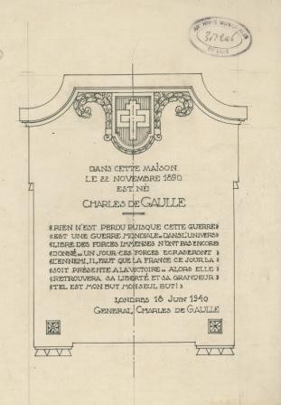 Croquis de la plaque commémorative apposée au  9 rue Princesse - Archives municipales de Lille -  1M/2/206