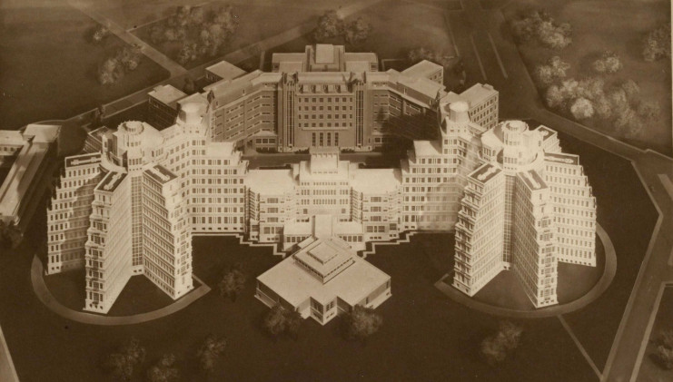 « Vue d’ensemble du bloc Hôpital-Faculté ». Photographie de la maquette de la cité hospitalière -  - Archives municipales de Lille – 3M/1/29