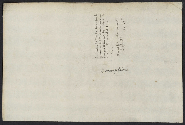 Instructions données par Henri de Mortagne dit d'Espierre, chevalier, gouverneur de Lille, Jean de Pacy, Jacques de La Tanerie et Evrard Le Chievre, bailli et prévôt de Lille aux mayeur, échevins, Conseil, commis aux comptes de cette ville pour la rédaction des comptes de l'échevinage (12 septembre 1410).